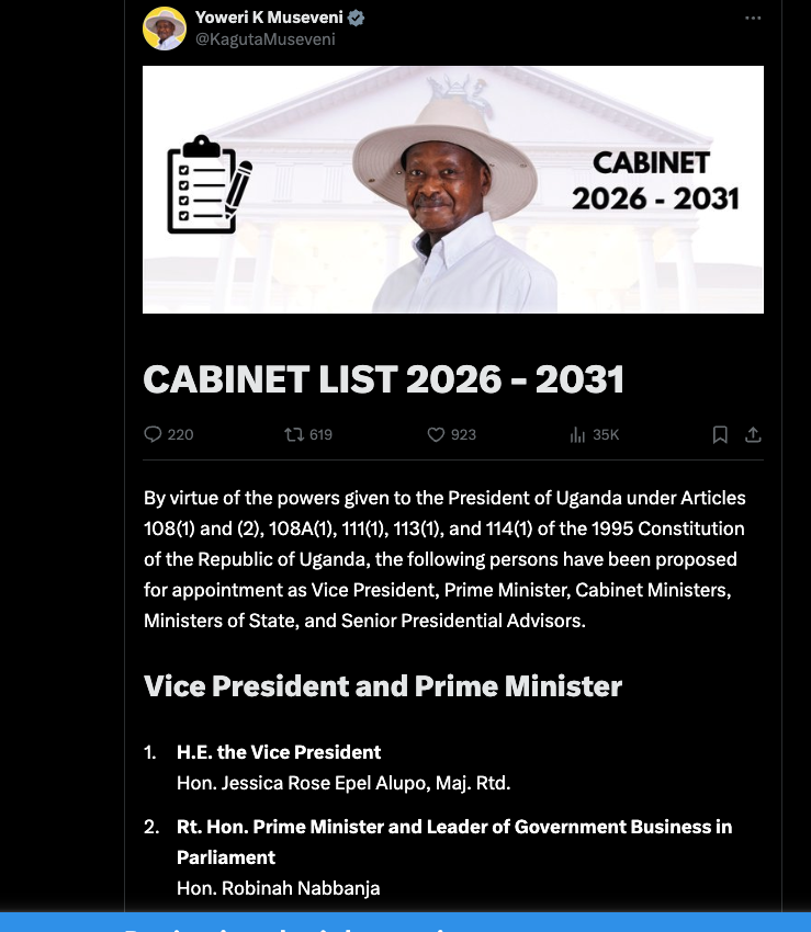 President Yoweri Kaguta Museveni's new Cabinet hints on service delivery